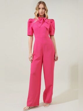 NWT, Sugarlips, Chelsea Tie Neck Pleated Sleeve Jumpsuit, Barbie Pink, Large